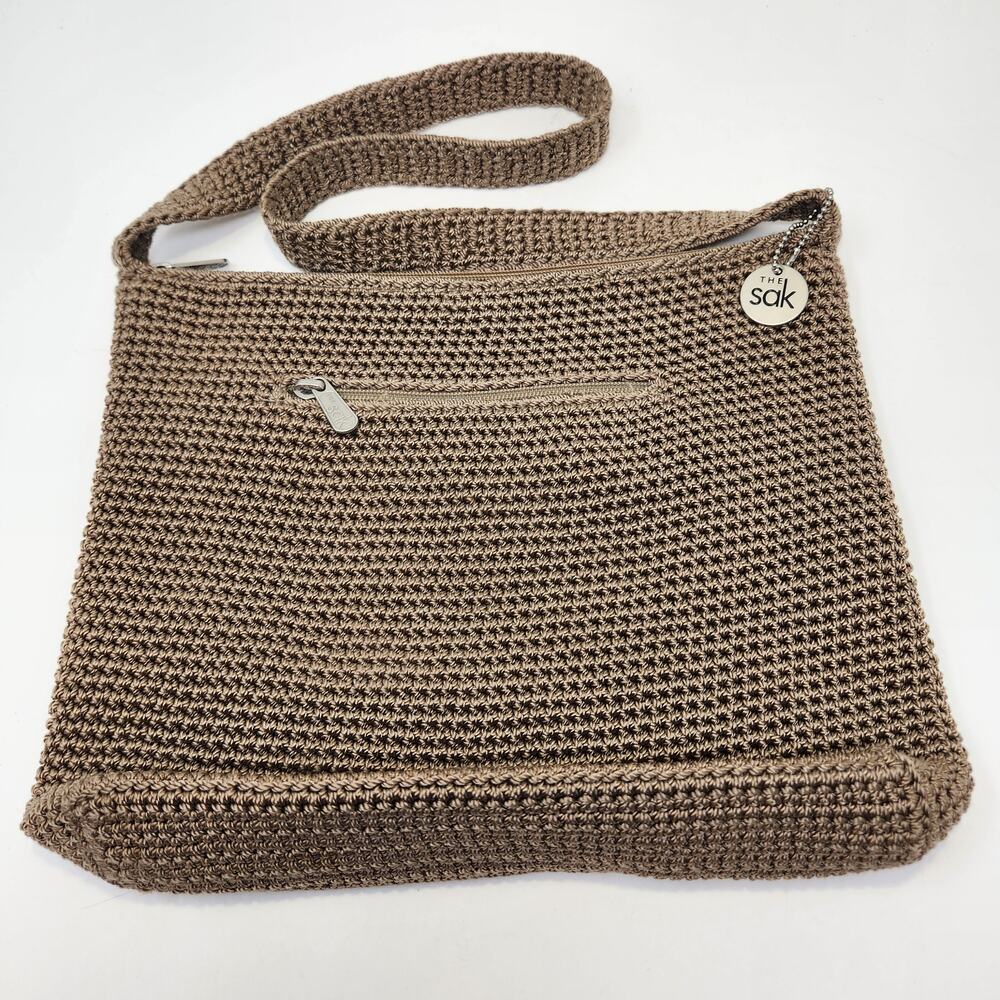 The Sak Brown Crochet Shoulder Bag Medium Zipper Closure Pocket Boho Festival